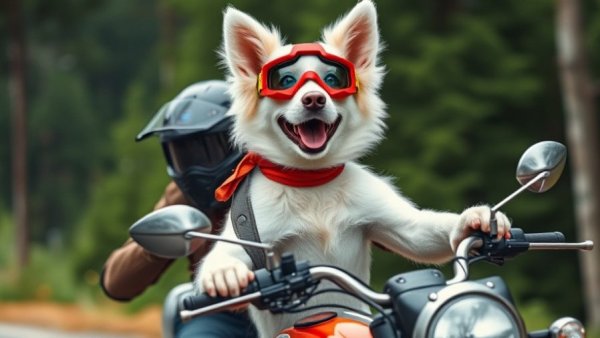 Adventurous dog rides motorcycle with person, travel with dog through forest.