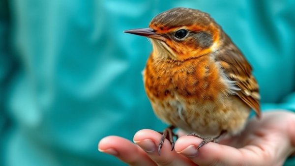 Close-up of Wood Thrush in hand during migration study.