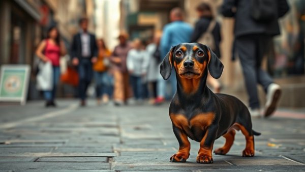 Dachshund on city sidewalk displaying attentive behavior