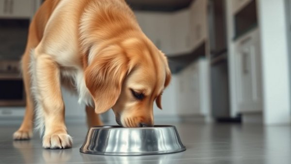 Golden retriever eating from a bowl in a bright kitchen