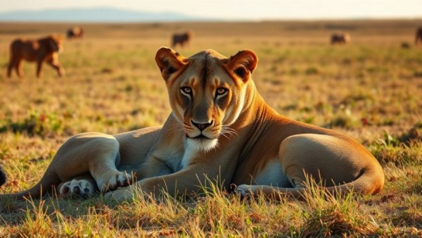 Lioness with enrichment box in sunny grassland environment.