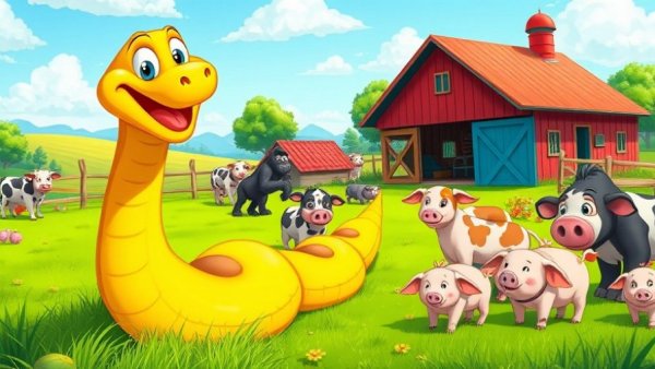Cartoon farm scene with snake and animals, funny animal videos theme.