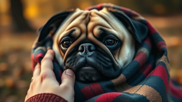 Comfortable pug being petted outdoors, ideal for pet-friendly campgrounds