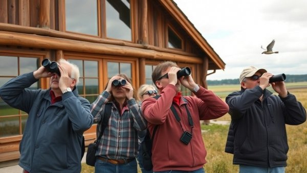 Birdwatchers observing at Rowe Sanctuary with binoculars.