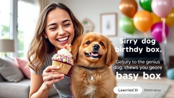 Genius Dog Birthday Box on Chewy featuring woman with dog and cupcakes