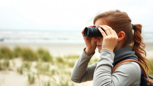 Woman observing shorebird conservation on a beach with binoculars.