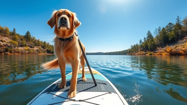 Golden retriever paddleboarding on a clear lake, travel with dog.