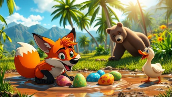 Hungry fox slips in mud stealing duck eggs in vibrant jungle.