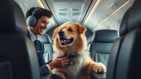 Flight crew enjoys time with a dog in airplane, flying with a pet.