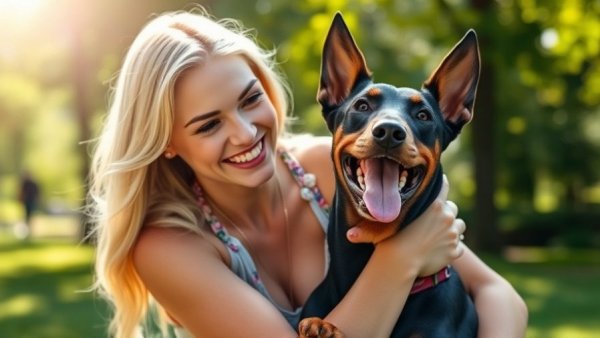 Clingy Doberman Pinscher embracing woman in a sunny park