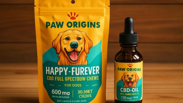 Paw Origins CBD for dogs products on wooden surface.