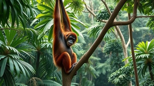 Orangutan climbing in forest impacted by fires.