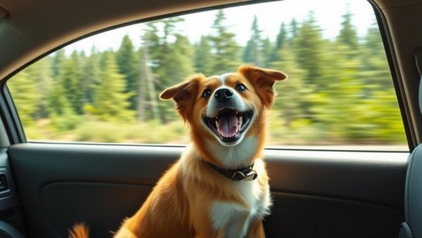 Joyful dog enjoying a road trip, travel with dog.