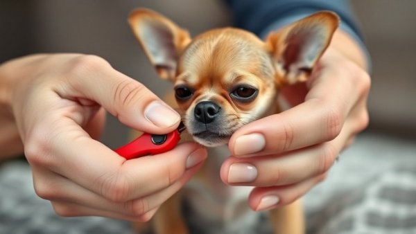 Close-up of trimming Chihuahua's nails with clippers, guide.