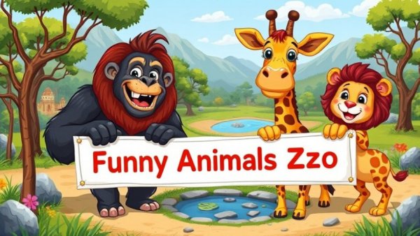 Cartoon animals in zoo setting holding banner