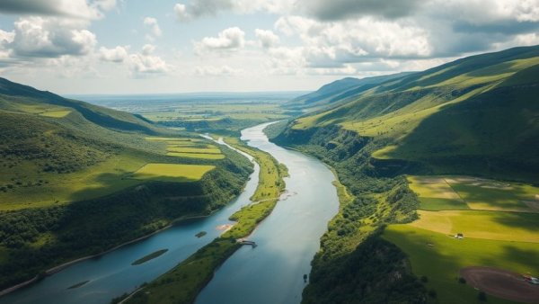 Aerial view of river valley landscape showcasing environmental richness.