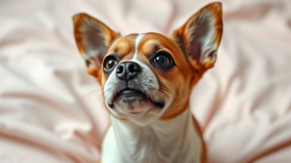 Jealous dog looks up while couple holds hands on pink bedding.