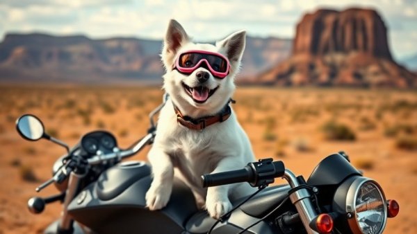 White dog on motorcycle enjoying pet friendly travel.