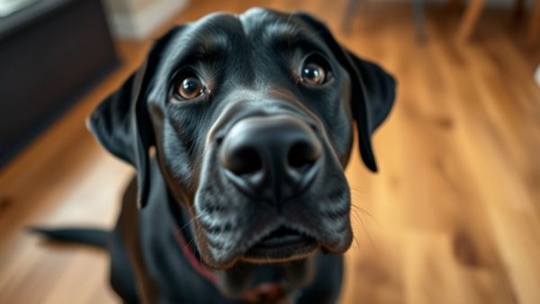 Black Labrador looking up indoors, travel with dog theme.
