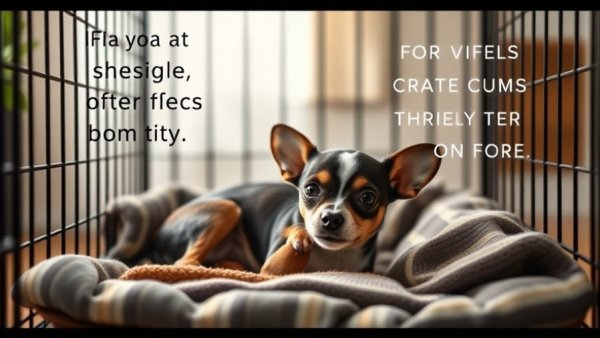 Chihuahua crate training in cozy environment with positive messages.