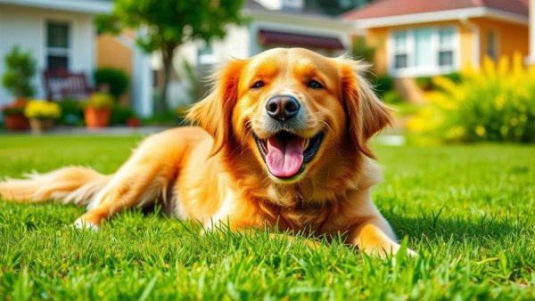 Playful golden retriever enjoying grass time, dog breeds that stay playful.