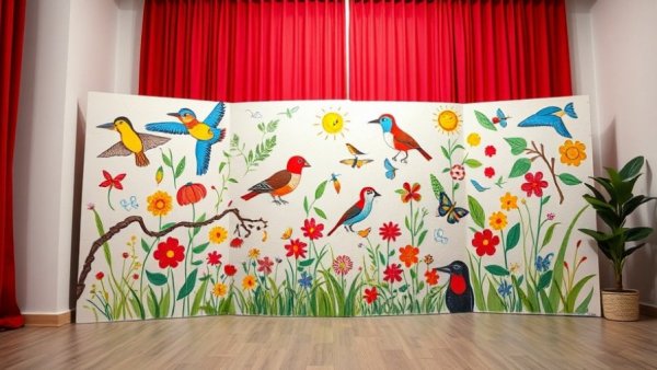 AmeriCorps conservation program mural showcasing bird paintings by children.