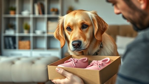 Curious Golden Retriever examining shoes with man for travel with dog