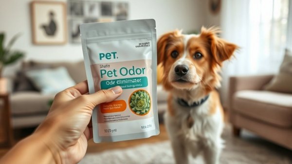 Pet odor eliminator held with curious fluffy dog, travel with dog essentials.