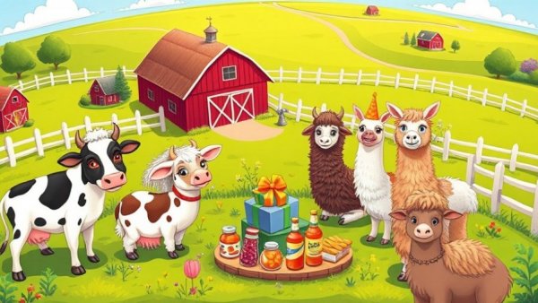 Funny animal videos on a cartoon farm party with cows and llamas.