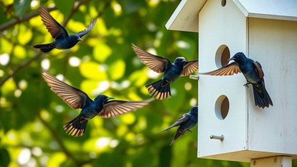 Purple martins near birdhouse surrounded by greenery.