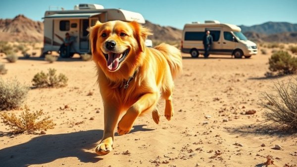 Golden retriever enjoying travel with dog in desert by campervan