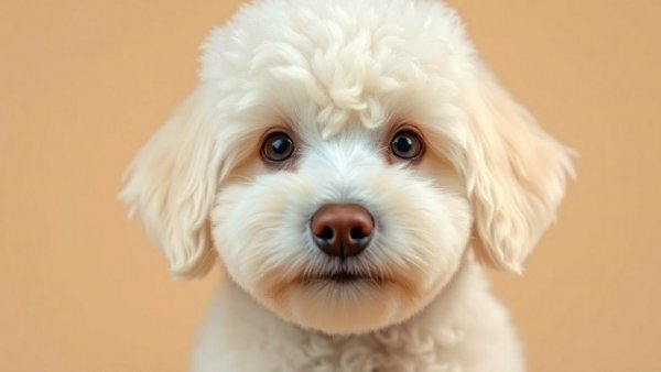 Fluffy white poodle perfect for older adults, photorealistic close-up.