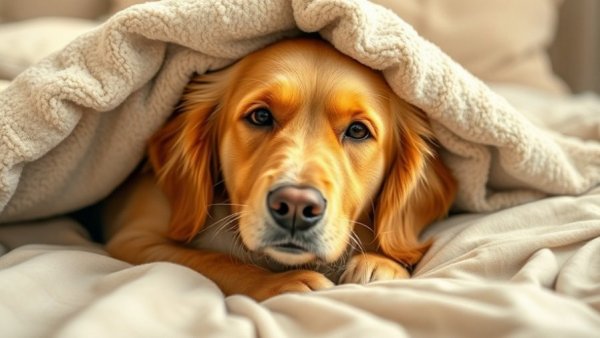 Sleeping with your dog, golden retriever under blanket.