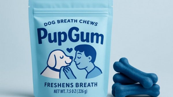 Light blue PupGum dental chew for dogs packaging and chew bones.