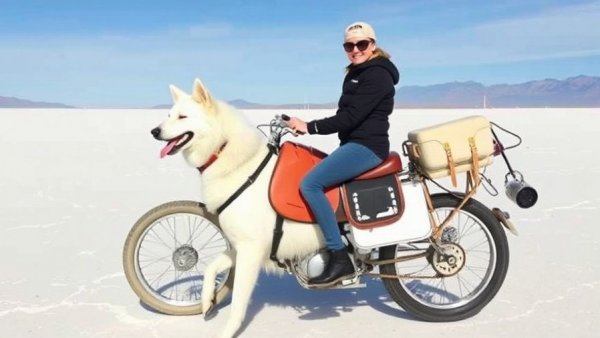 My White Swiss Shepherd Whimsy saddles up to ride on the Bonneville Salt Flats!