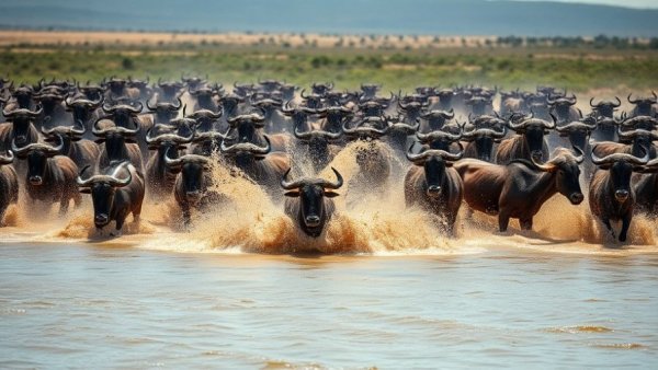 Wildebeest herd crossing a muddy river in safari setting.