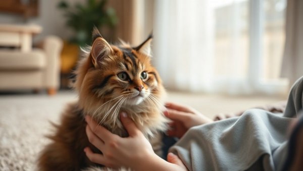 Child introduces a new cat, bonding in a cozy room.