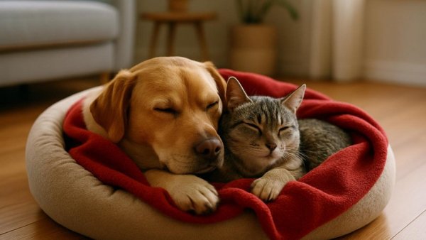 Pets resting during PetSmart Fall Savings Event in cozy bed.