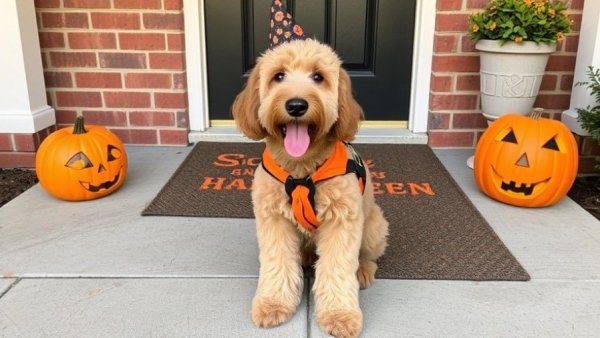 My dog’s first day at Scare School ?? #spookyseason #doghalloween #goldendoodle