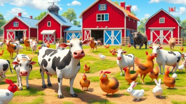 Farm animals on lush grass with barns; vibrant farm scene.