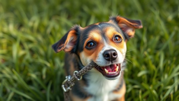 Playful small dog biting leash on green grass