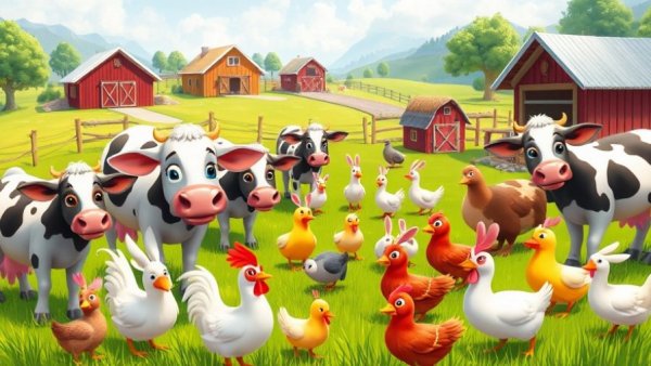 Heartwarming Animal Friendship in a lively farm scene with cows, chickens, and ducks.