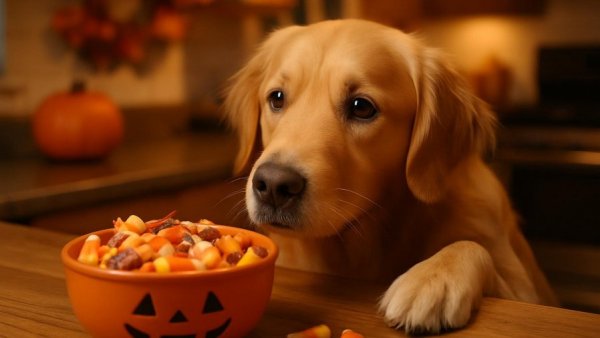 Golden retriever in kitchen eyeing Halloween candy, Halloween safety tips for dogs.