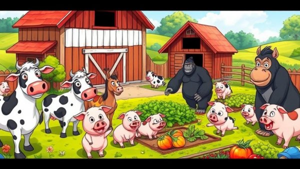 Funny animal videos: cartoon farm animals in vibrant scene.