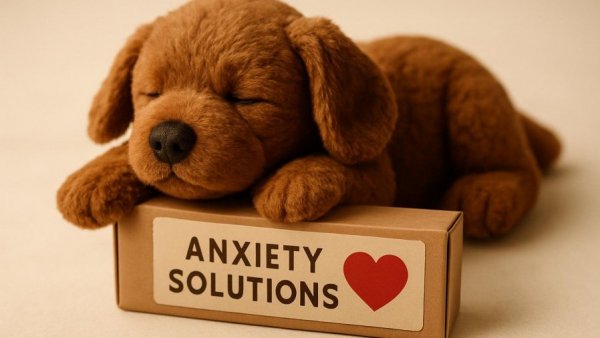 Comfort for dogs: plush toy with anxiety solution packaging.
