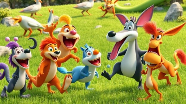 Epic Animal Rescue scene in colorful cartoon style