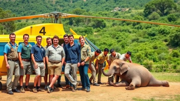 Wildlife conservationists with helicopter aiding elephant in savannah.