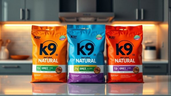 K9 Natural Baked & Coated dog food packages on kitchen countertop in Canada