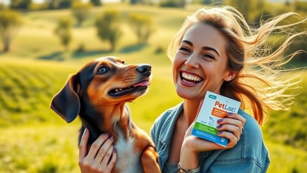 Happy woman with dachshund and PetLabCo product at PetSmart in a sunny field.