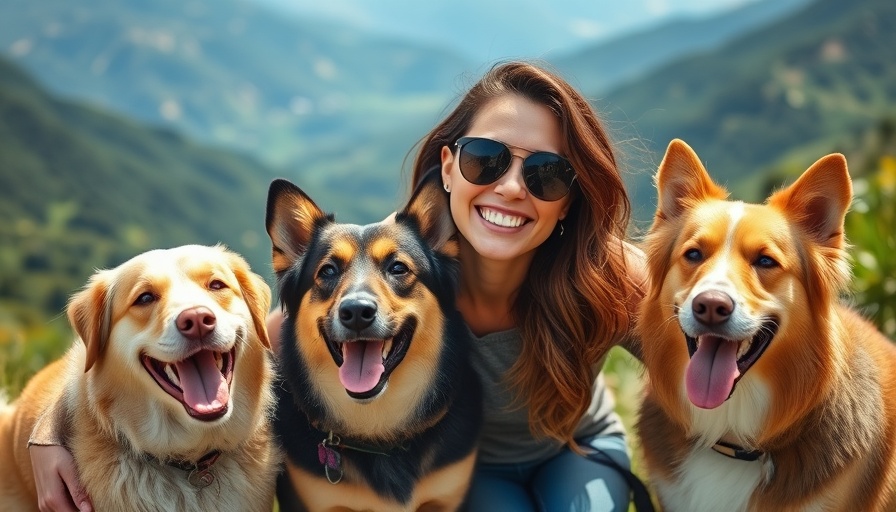 Summer tips for pets: Woman with three happy dogs outdoors.